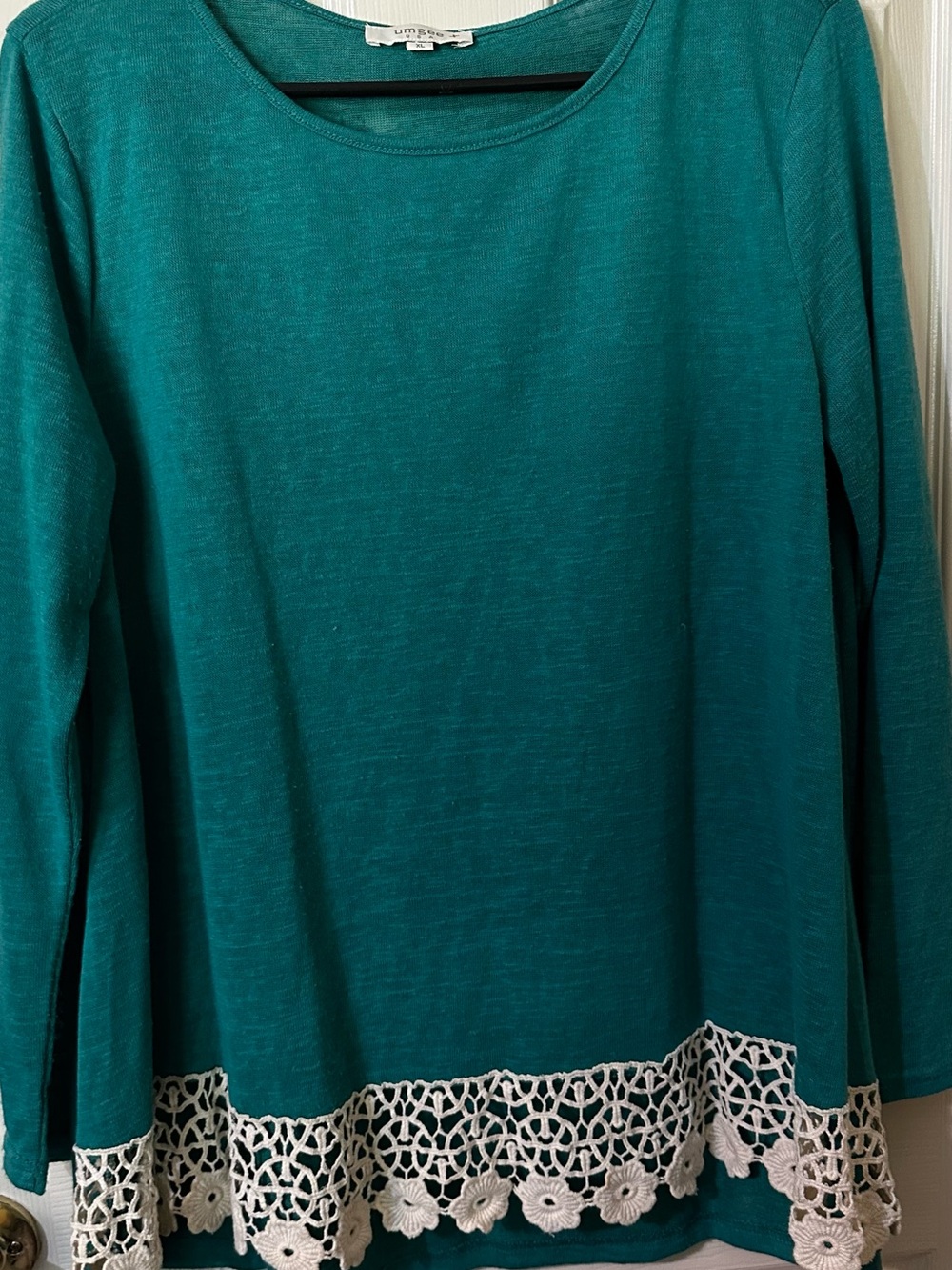 Umgee Teal Long-Sleeve Top with White Crochet Hem